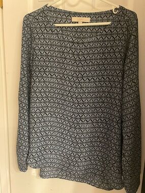 LOFT Black and Light Blue Geometric Print Blouse